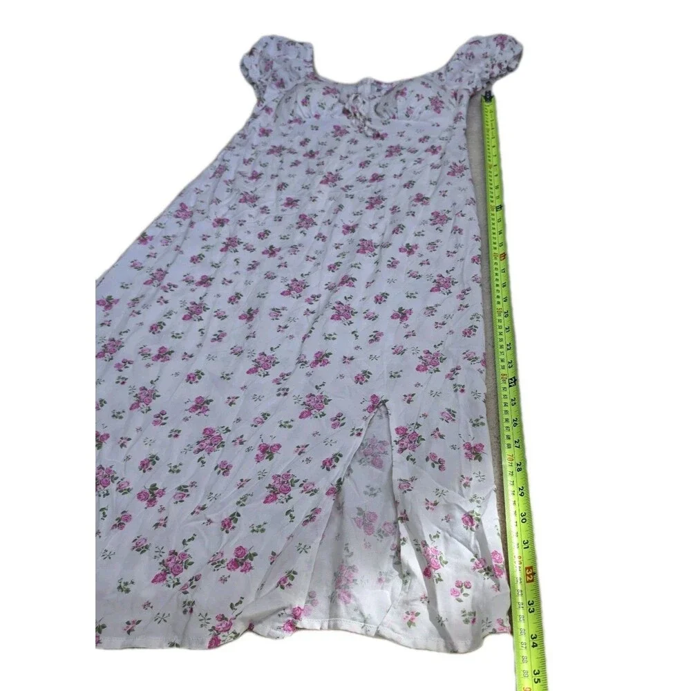 No Boundaries White Floral Rose Midi Dress Puff Sleeves Size S 4-6